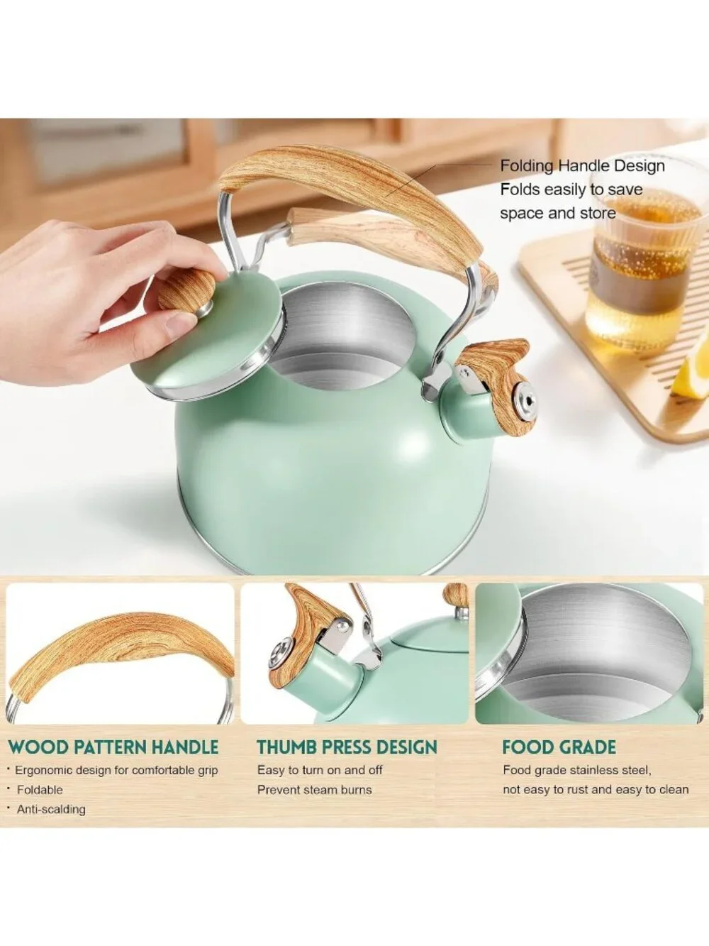 GGC Mint Green Stainless Steel Kettles 2.6QT Whistling Stove Top Folding Handle